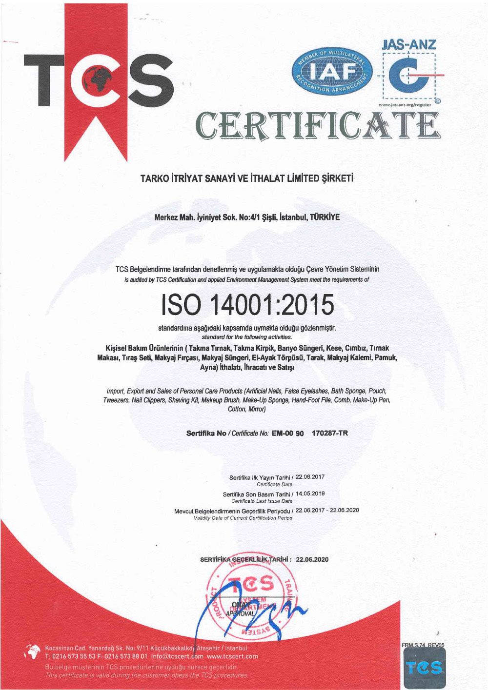 ISO 14001 Belgesi - - Solingenturkiye.net